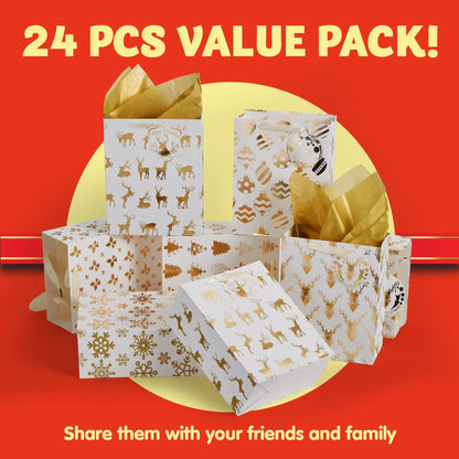24-Pack Gold Foil Christmas Gift Bags