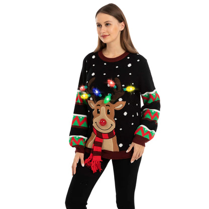 Black Reindeer Ugly Christmas Sweater with Lights