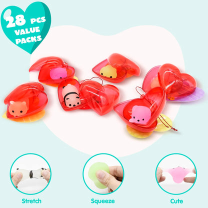 28-Piece Glow-in-the-Dark Mochi Squishy Toys Filled Hearts Set with Kids Valentine's Cards