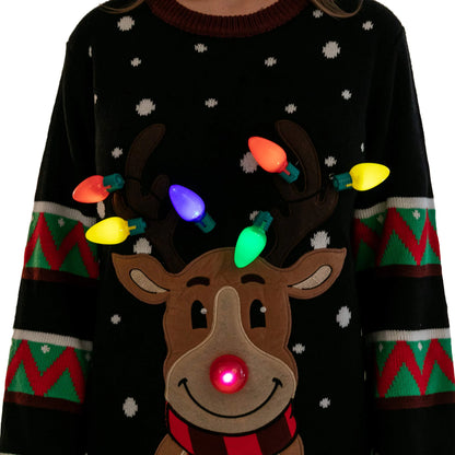 Black Reindeer Ugly Christmas Sweater with Lights