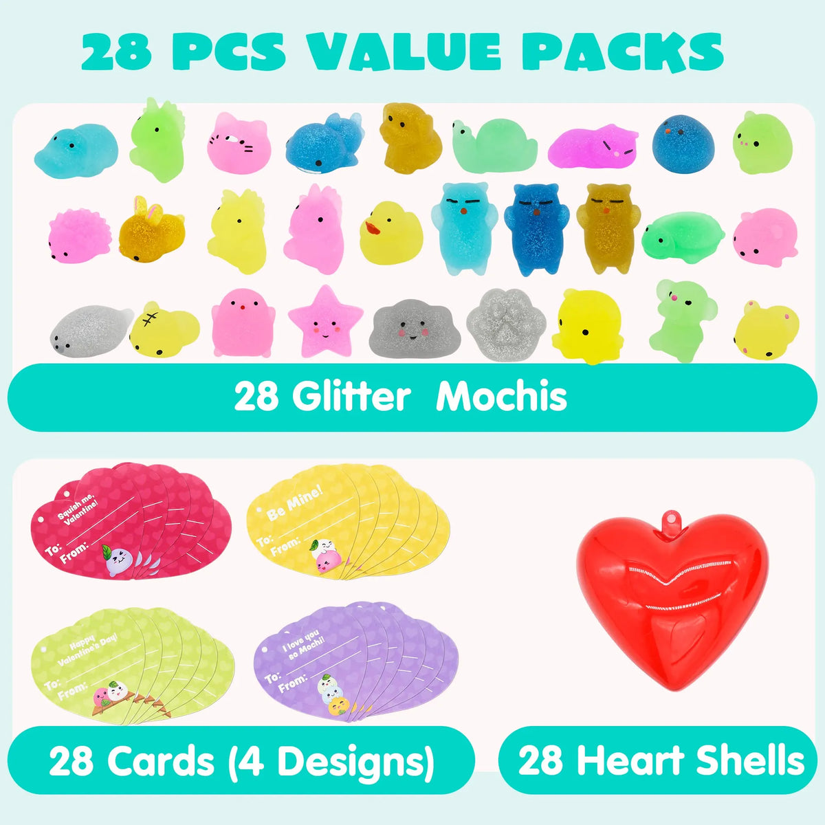 28-Piece Glitter Squishy Hearts Set with Valentine's Day Cards for Kids Classroom Exchange Gifts