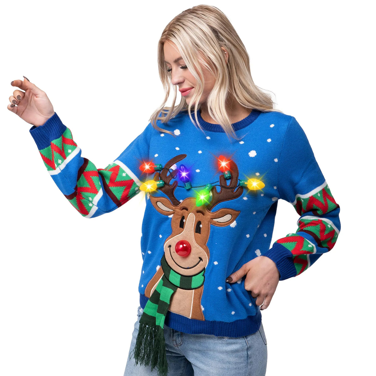 Adult Blue Reindeer Ugly Sweater with Light Bulbs