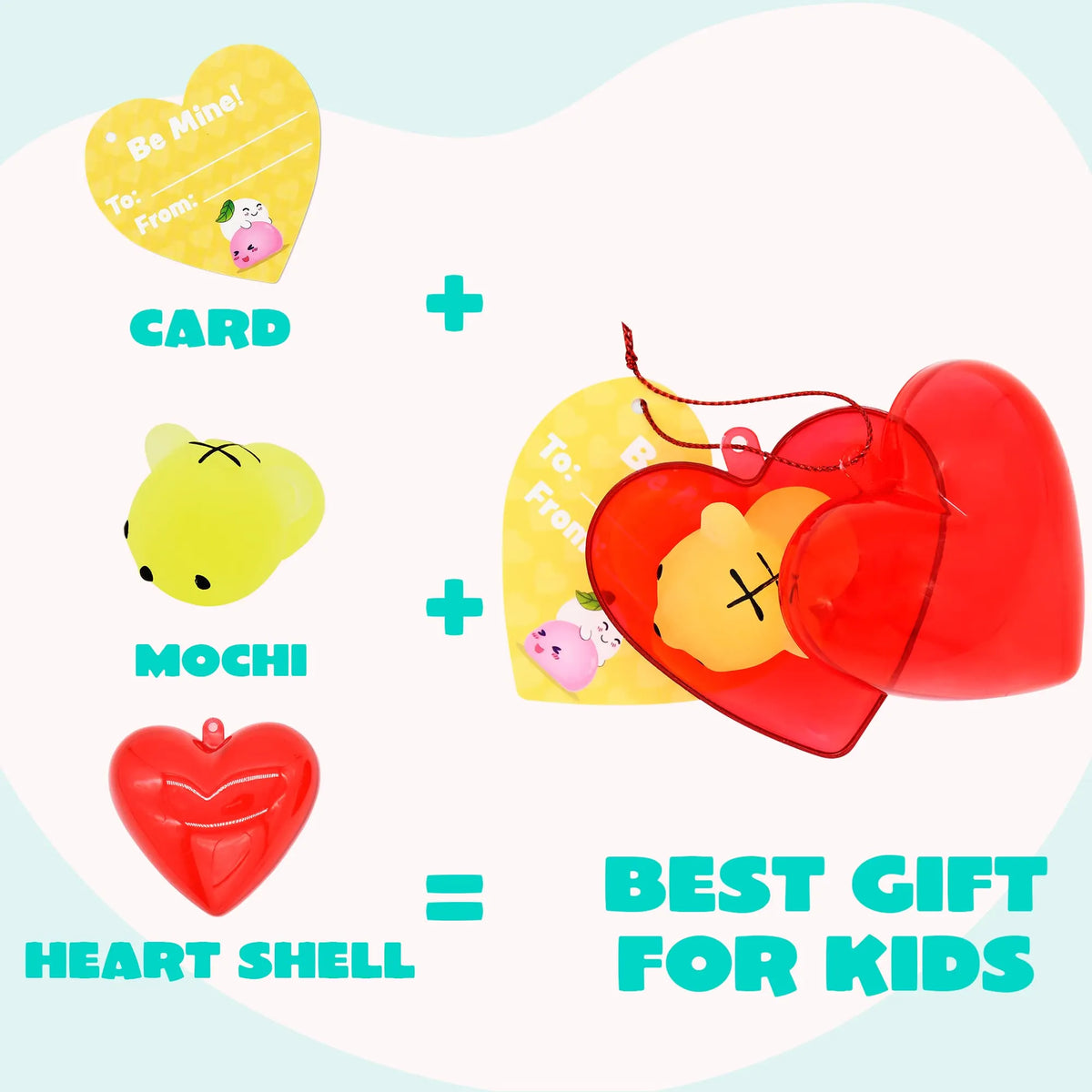 28-Piece Glow-in-the-Dark Mochi Squishy Toys Filled Hearts Set with Kids Valentine's Cards