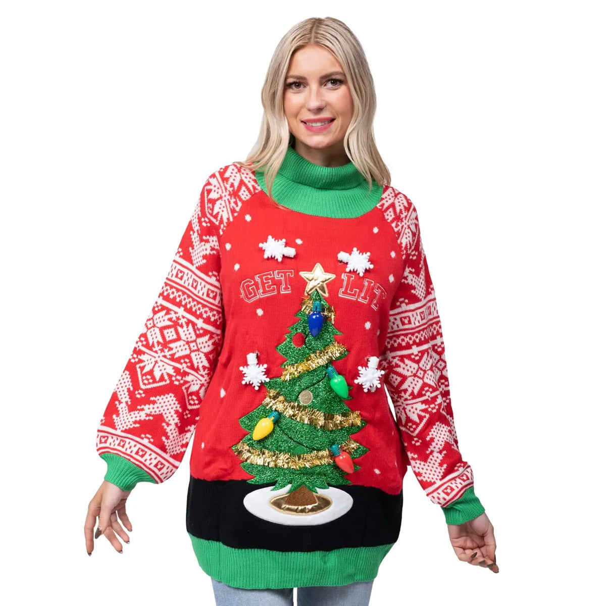 Adult Christmas Tree Long Sweater with Light Bulbs