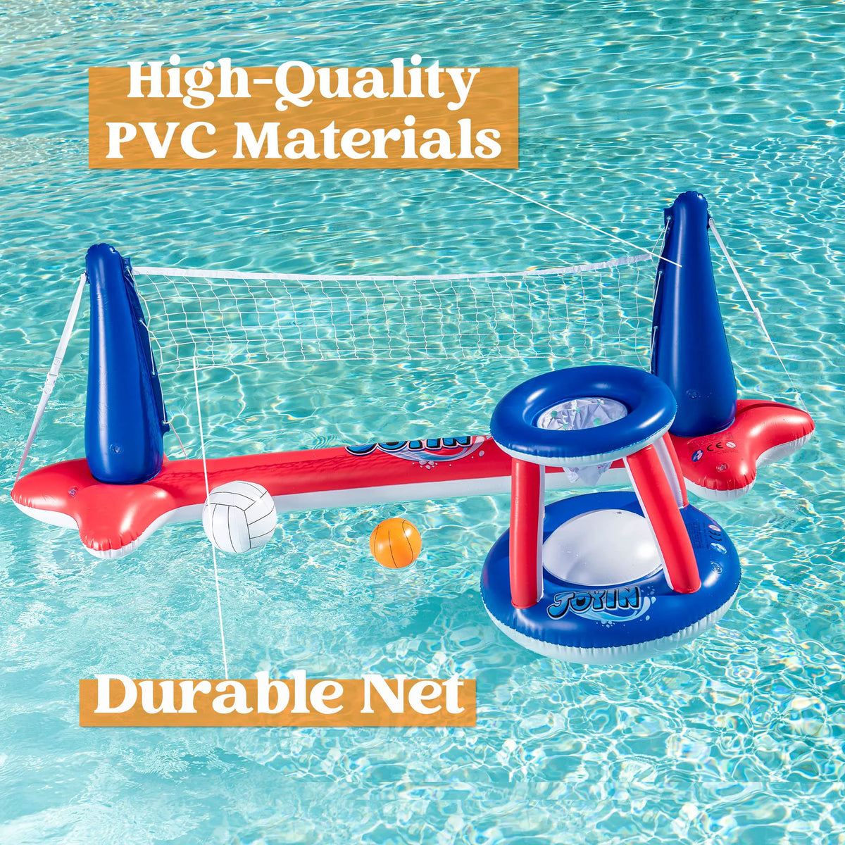 SLOOSH Inflatable Pool Float Set with Volleyball Net and Basketball Hoops - Red & Blue