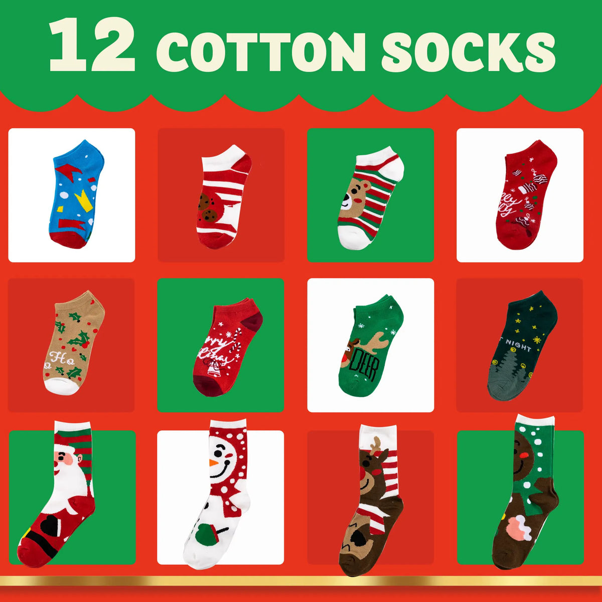 12 Days of Socks Advent Calendar (12 Pairs: Santa, Snowman, Reindeer, Gingerbread Man)