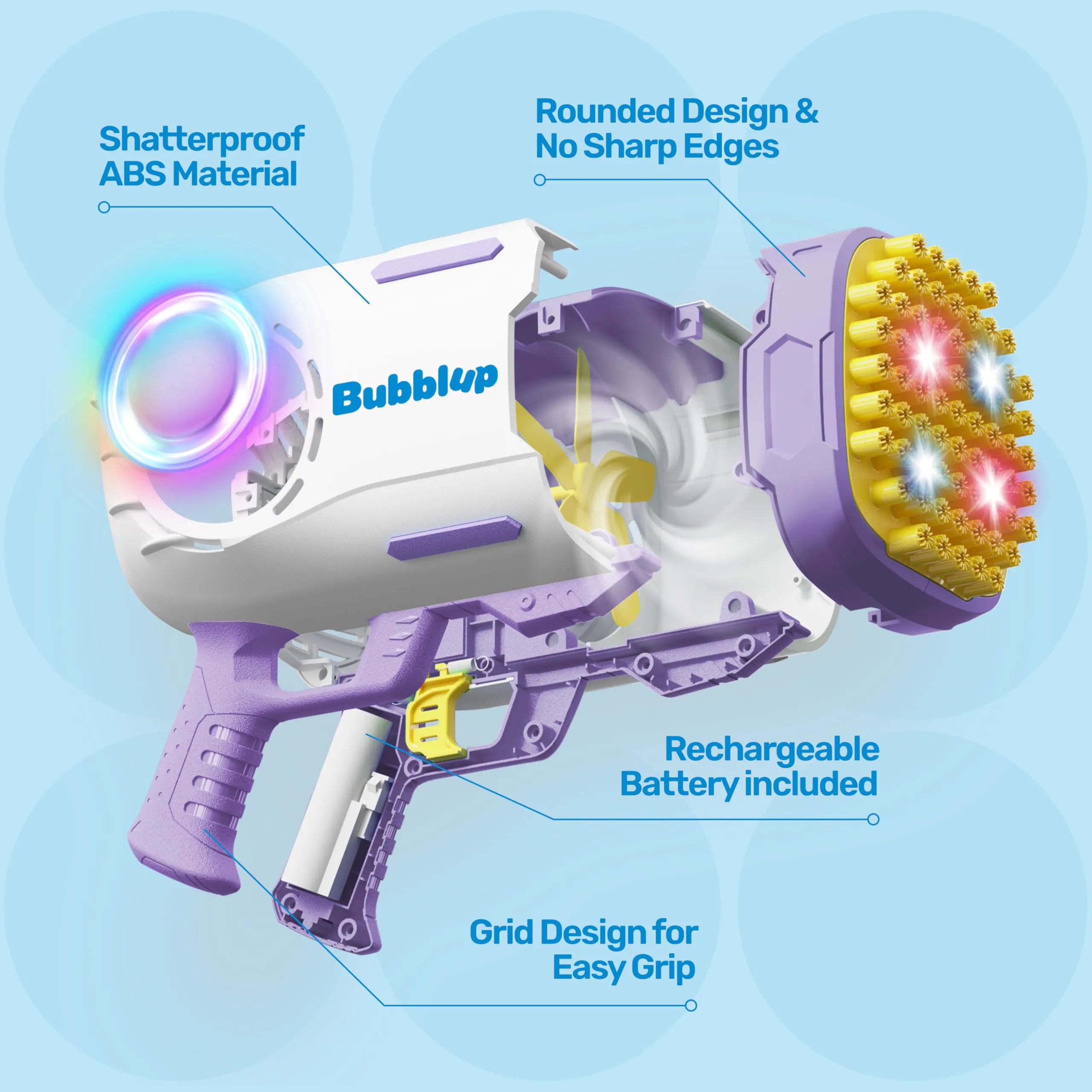 Play-Act 69-Hole Bubble Machine Gun Toy, Bazooka Rocket Shape Bubble Blaster with Colored Lights and Solution, Purple