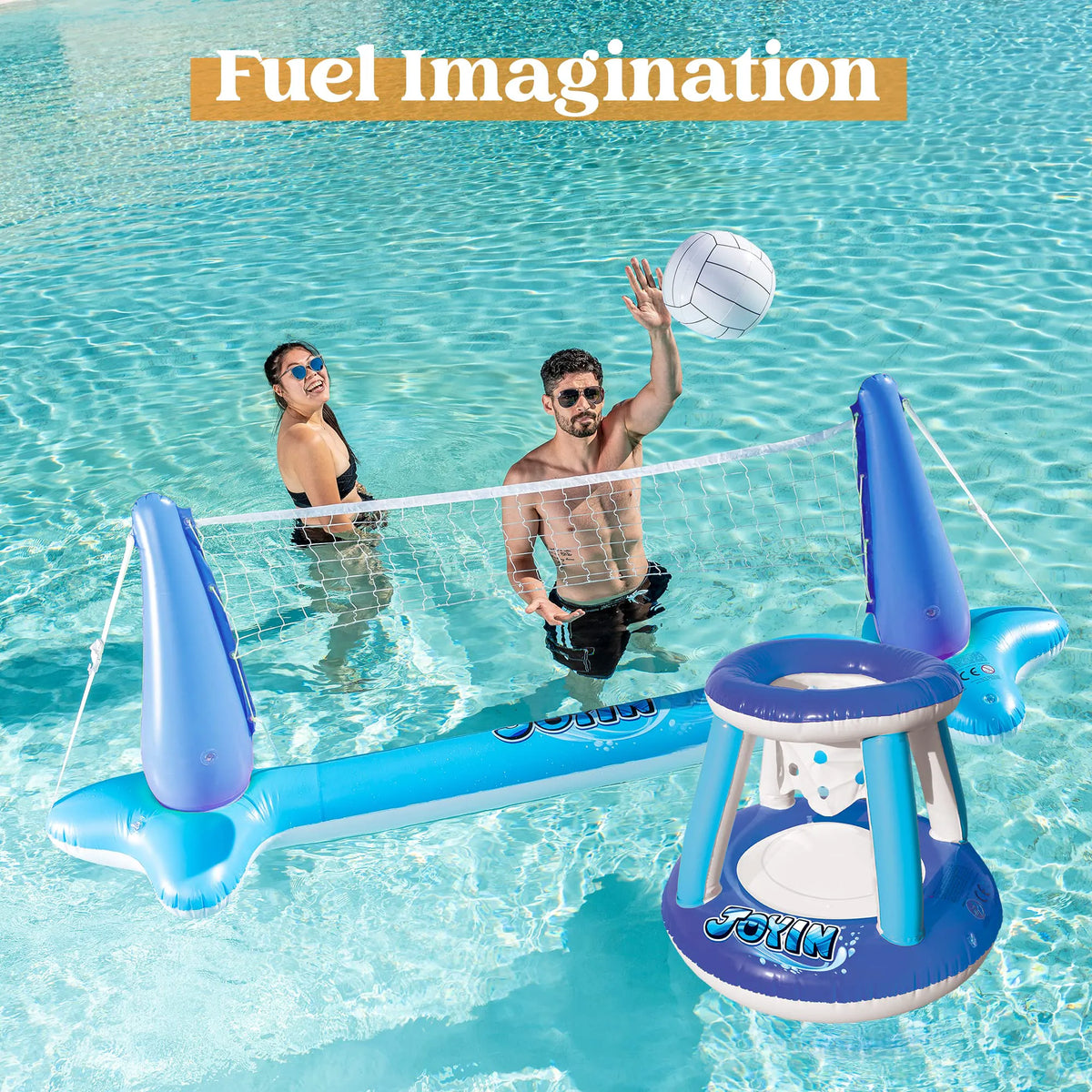 SLOOSH Inflatable Pool Float Set with Volleyball Net and Basketball Hoops, Blue