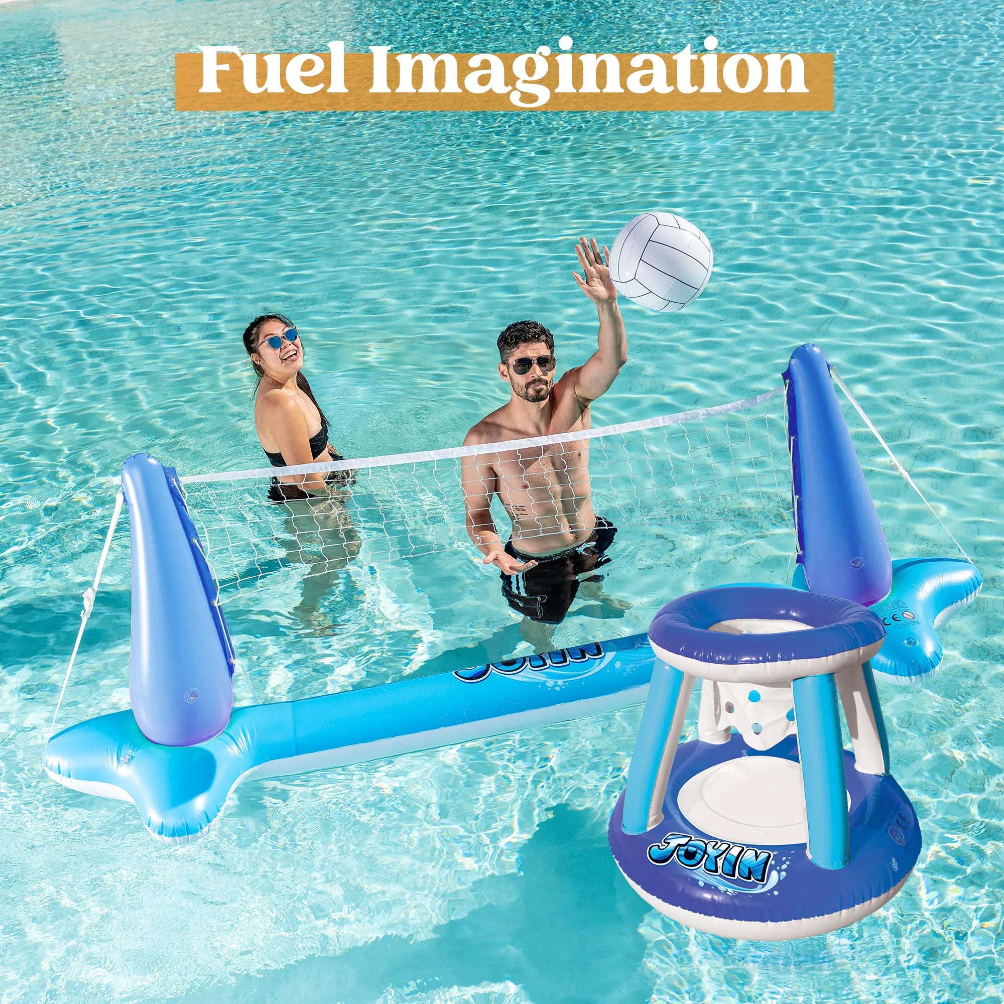 SLOOSH Inflatable Pool Float Set with Volleyball Net and Basketball Hoops, Blue