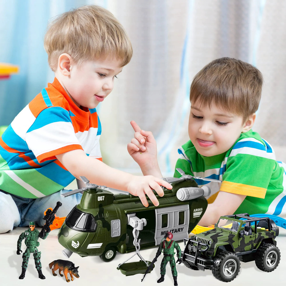 Friction Powered Helicopter and Military Truck Set