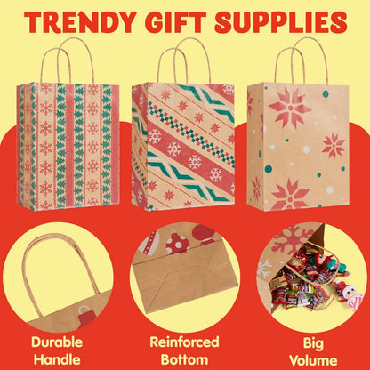 24-Pack Christmas Kraft Gift Bags with Assorted Holiday Prints