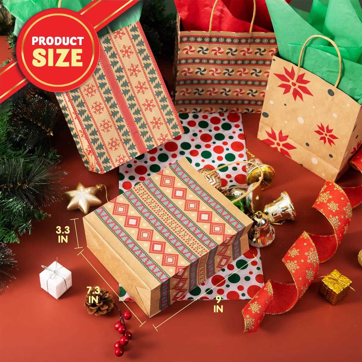Kraft Holiday Gift Bags, 7.25 Inches, 24 Pack