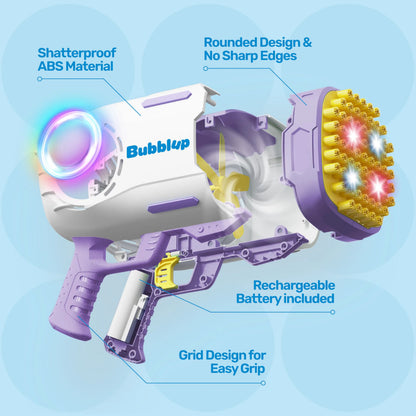 Play-Act 69-Hole Bubble Machine Gun Toy, Bazooka Rocket Shape Bubble Blaster with Colored Lights and Solution, Purple