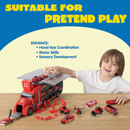 25-in-1 Fire Rescue Carrier Truck Toy Set with 12 Diecast Vehicles & 12 Figures
