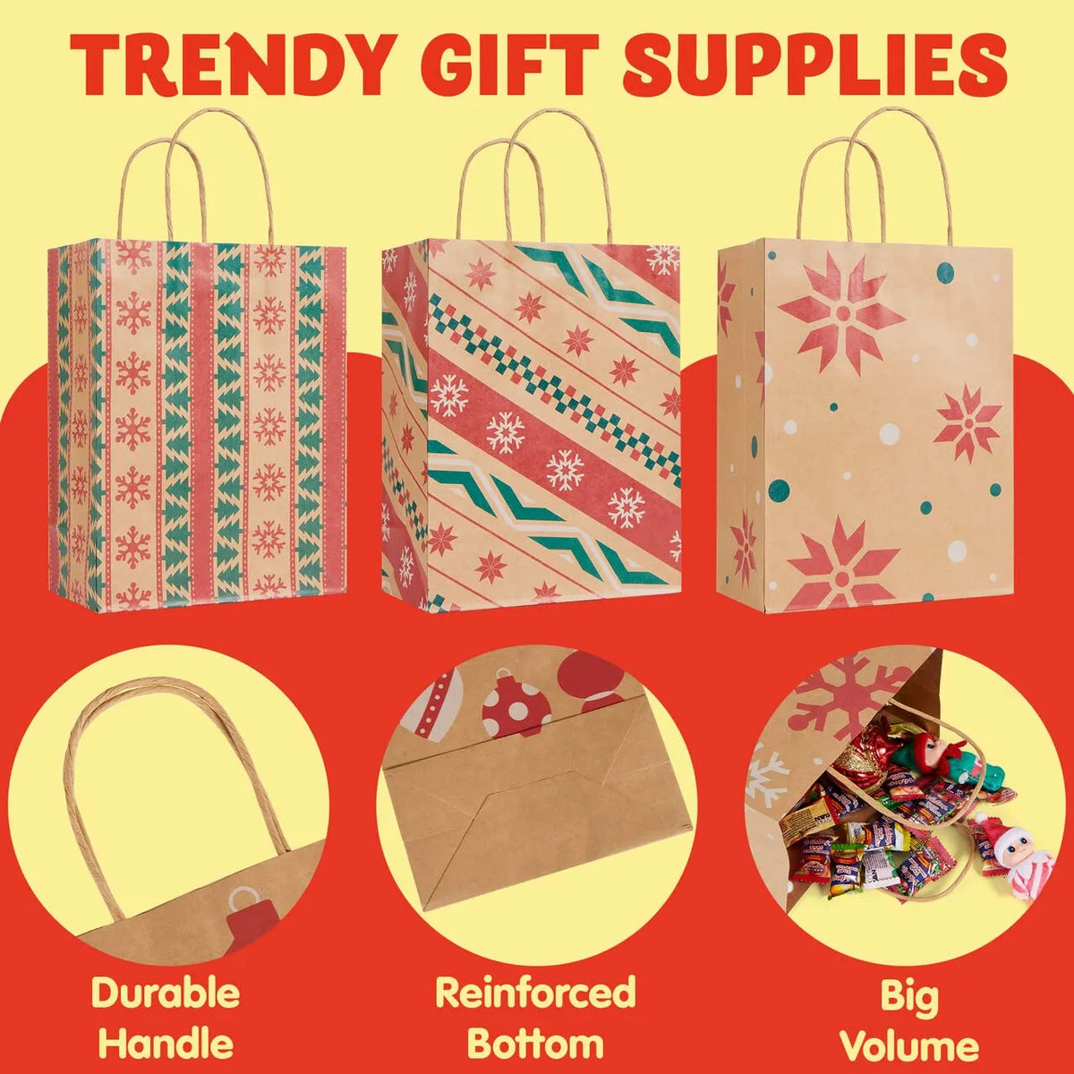 24-Pack Christmas Kraft Gift Bags with Assorted Holiday Prints