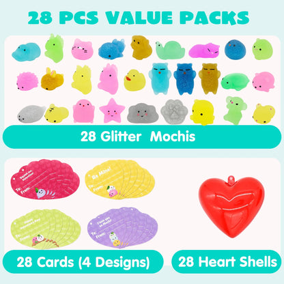 28-Piece Glitter Squishy Hearts Set with Valentine's Day Cards for Kids Classroom Exchange Gifts