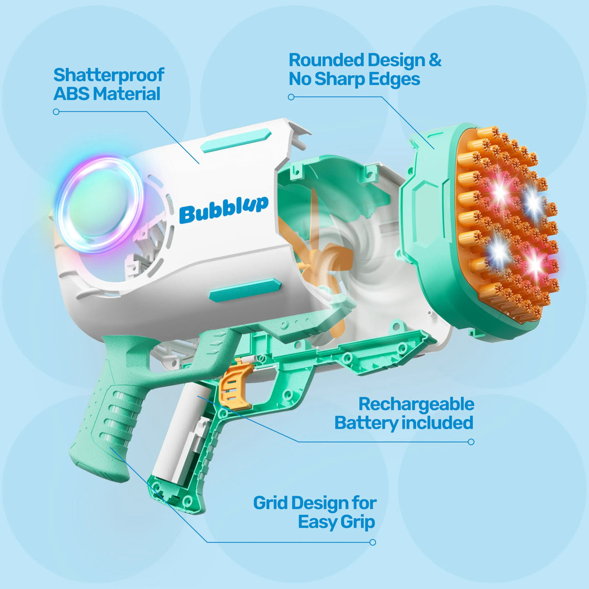 Play-Act 69-Hole Bubble Machine Gun Toy, Bazooka Rocket Shape Bubble Gun for Kids & Adults, Colored Lights Blaster Blower with Solution