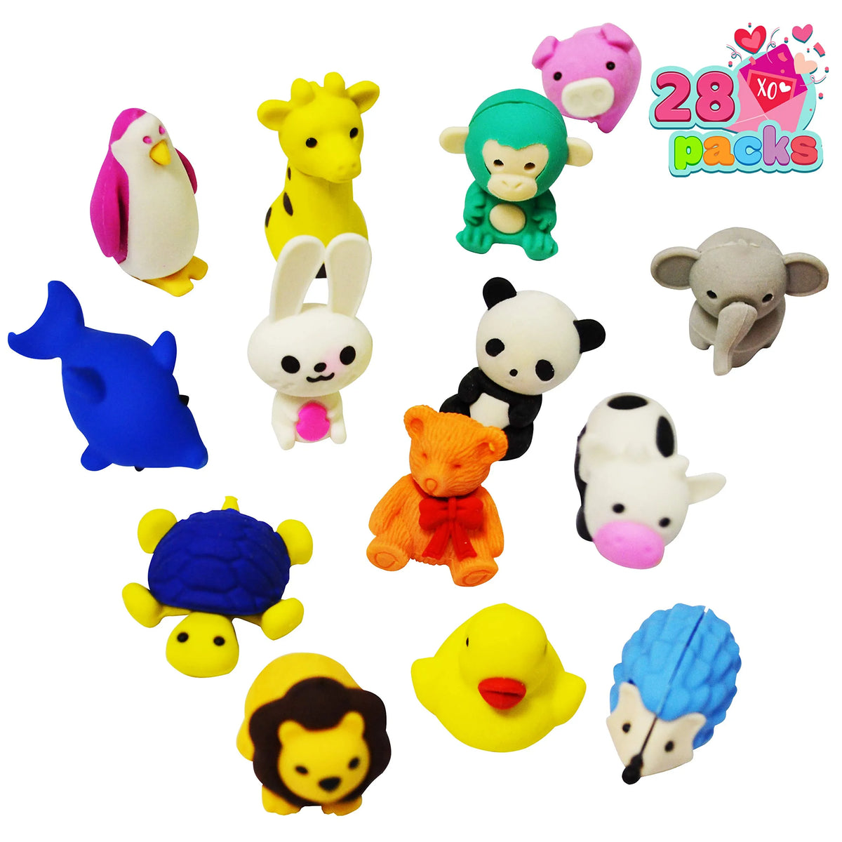 28Pcs Kids Valentine's Cards with Animal Erasers - Classroom Exchange Gifts