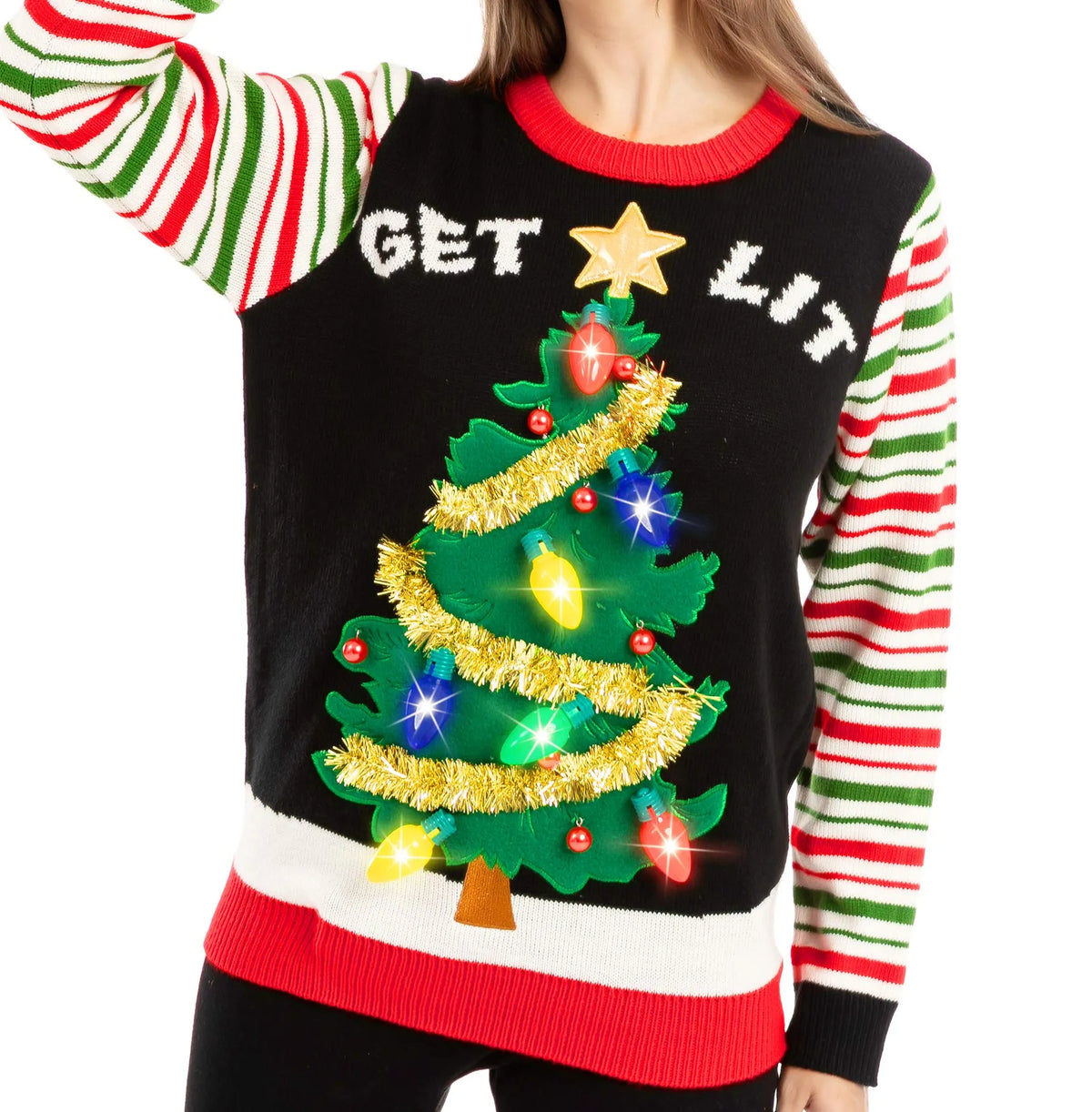 Get Lit Christmas Tree Ugly Sweater with Light Bulbs (Women)