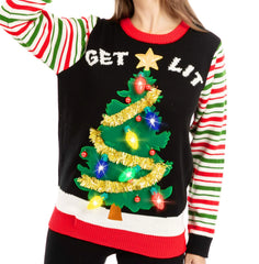 Get Lit Christmas Tree Ugly Sweater with Light Bulbs (Women)