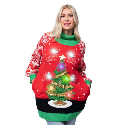 Adult Christmas Tree Long Sweater with Light Bulbs