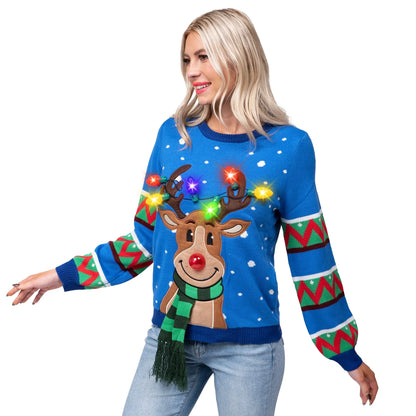Adult Blue Reindeer Ugly Sweater with Light Bulbs