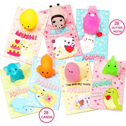 28 Glitter Mochi Squishy Toys with Valentine's Cards for Classroom Exchange