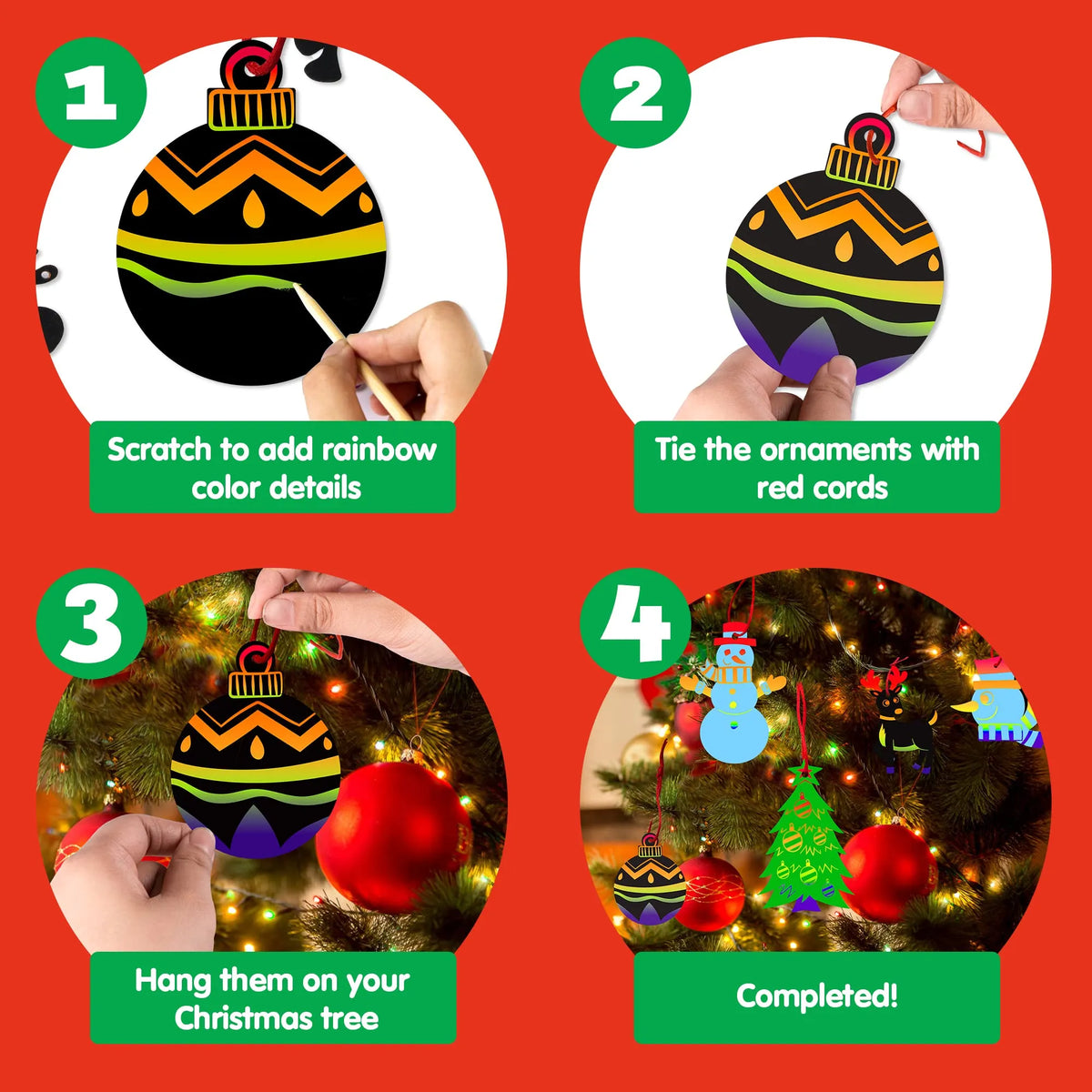 72-Piece Rainbow Scratch Christmas Ornaments