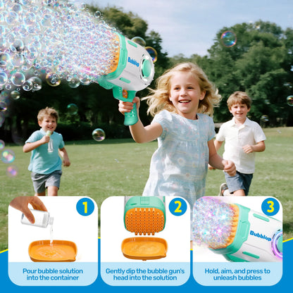 Play-Act 69-Hole Bubble Machine Gun Toy, Bazooka Rocket Shape Bubble Gun for Kids & Adults, Colored Lights Blaster Blower with Solution