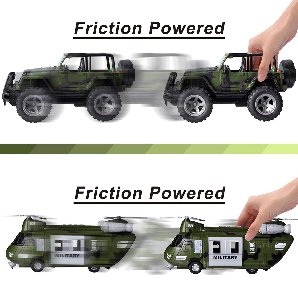 Friction Powered Helicopter and Military Truck Set
