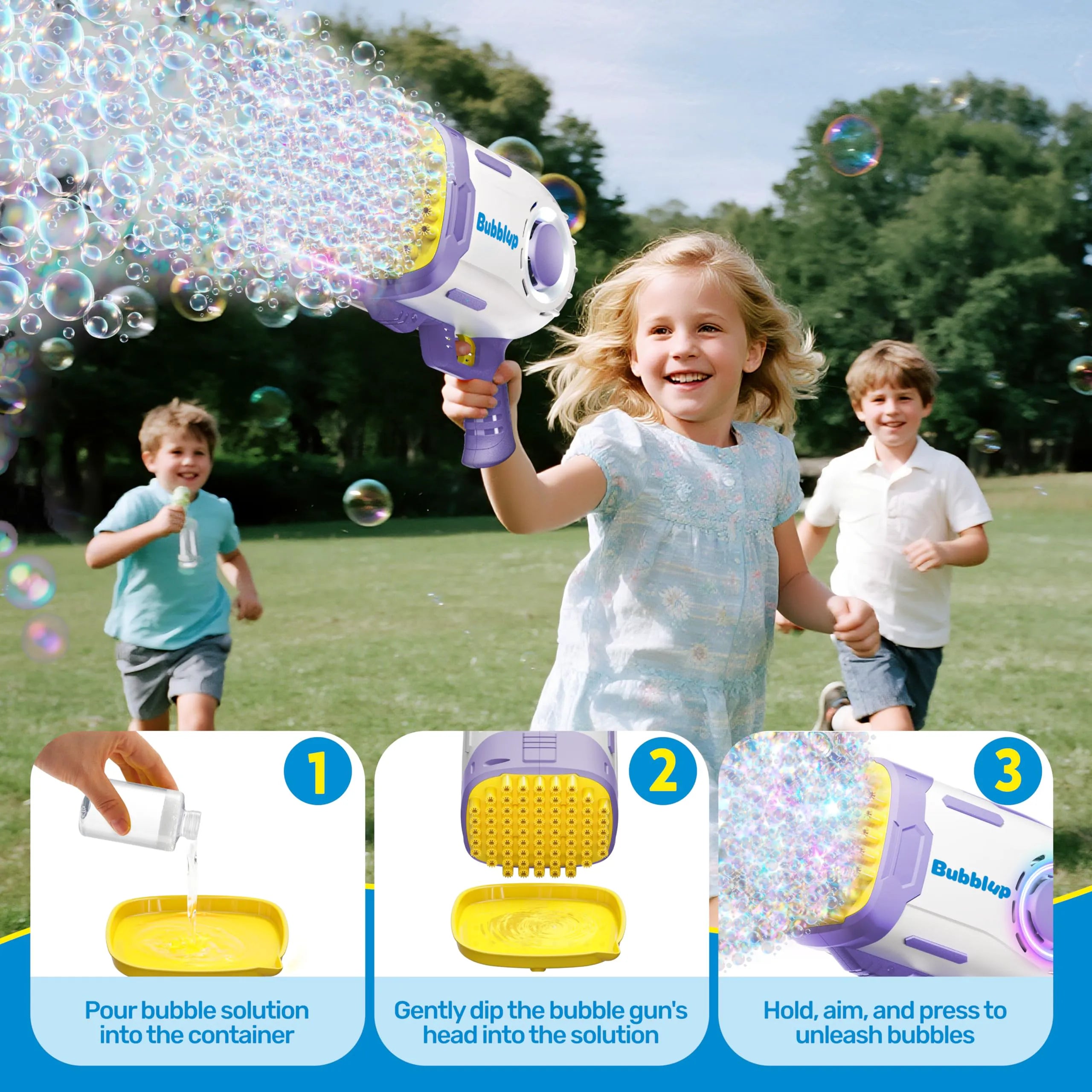Play-Act 69-Hole Bubble Machine Gun Toy, Bazooka Rocket Shape Bubble Blaster with Colored Lights and Solution, Purple