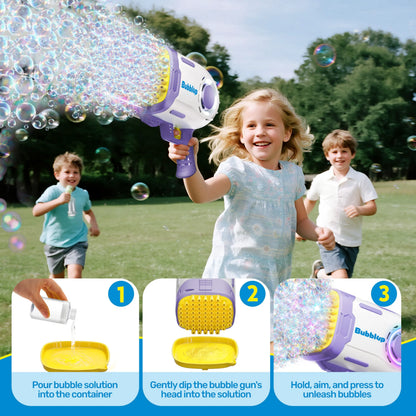 Play-Act 69-Hole Bubble Machine Gun Toy, Bazooka Rocket Shape Bubble Blaster with Colored Lights and Solution, Purple