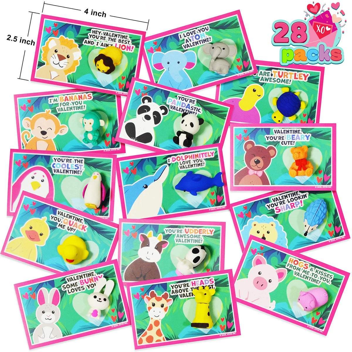 28Pcs Kids Valentine's Cards with Animal Erasers - Classroom Exchange Gifts