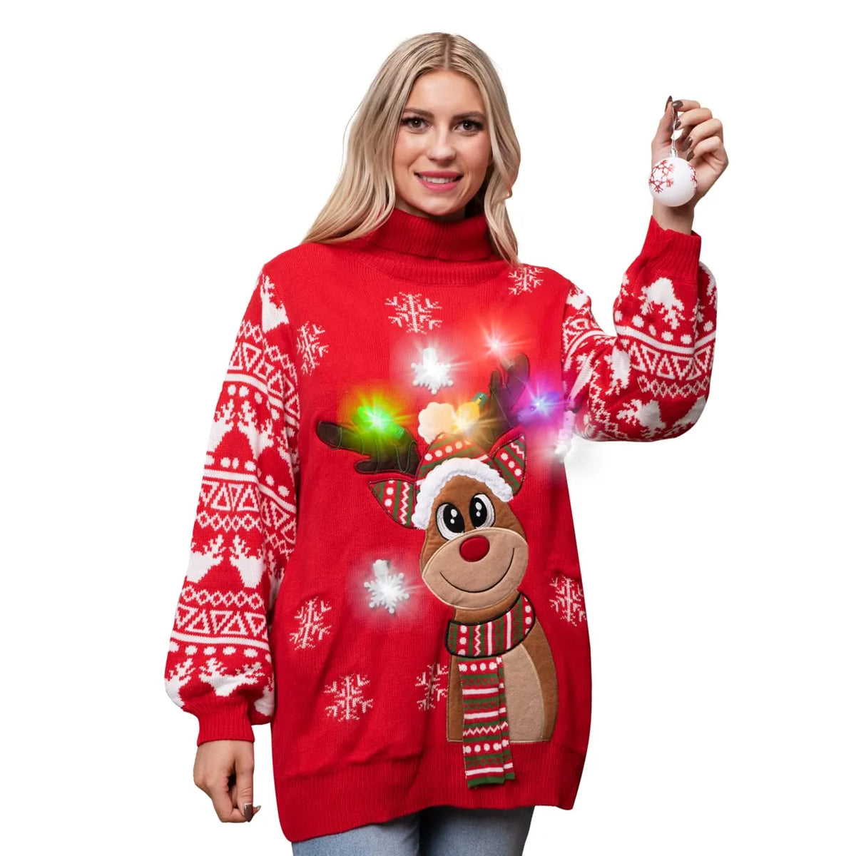 Adult Christmas Reindeer Long Sweater with Lights