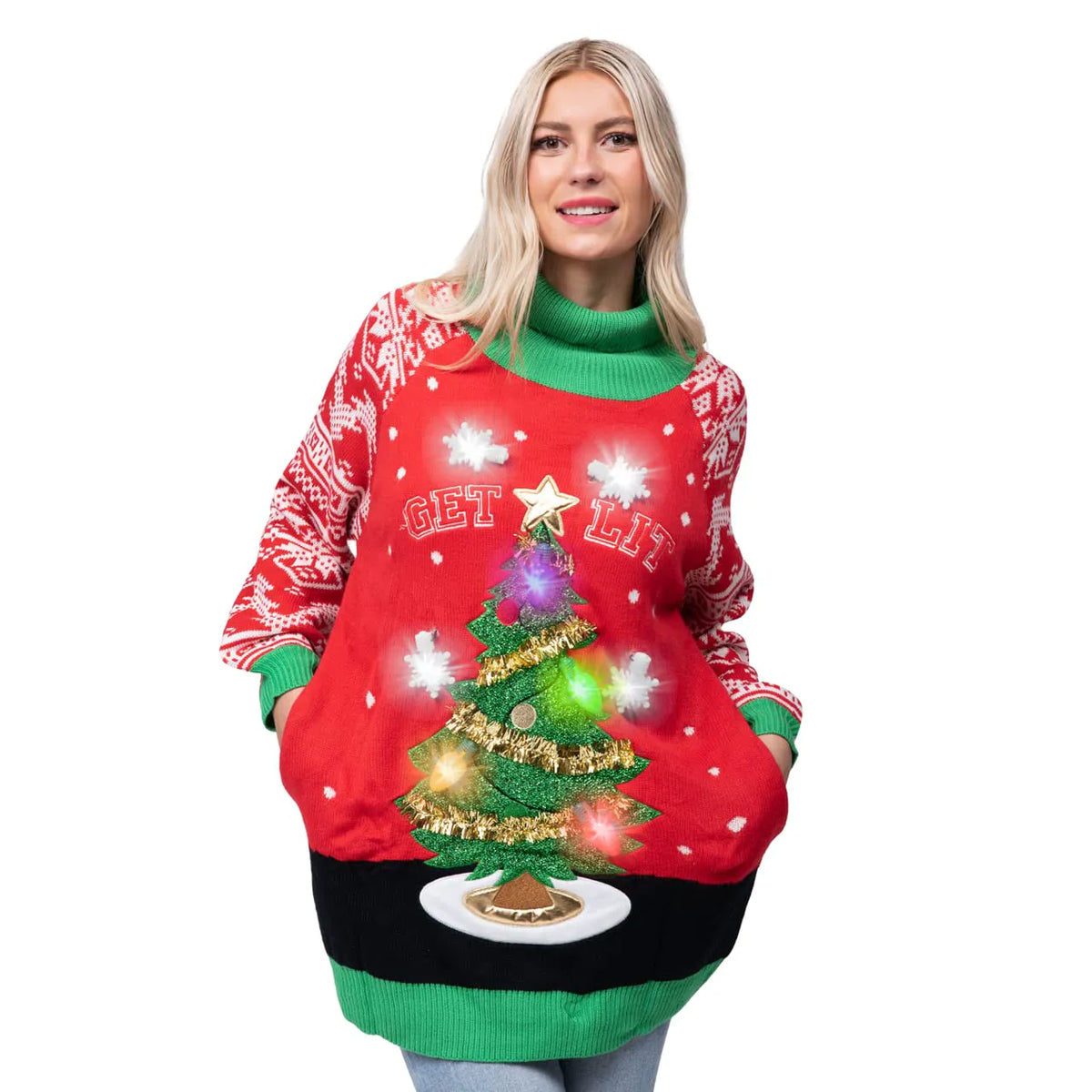 Adult Christmas Tree Long Sweater with Light Bulbs