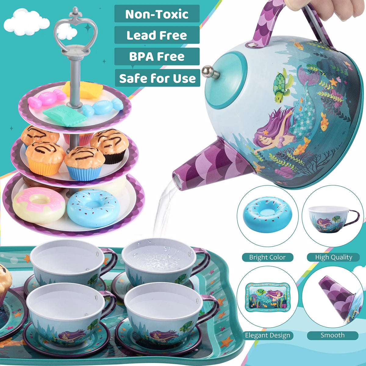 Mermaid Pretend Play Tin Teapot Set