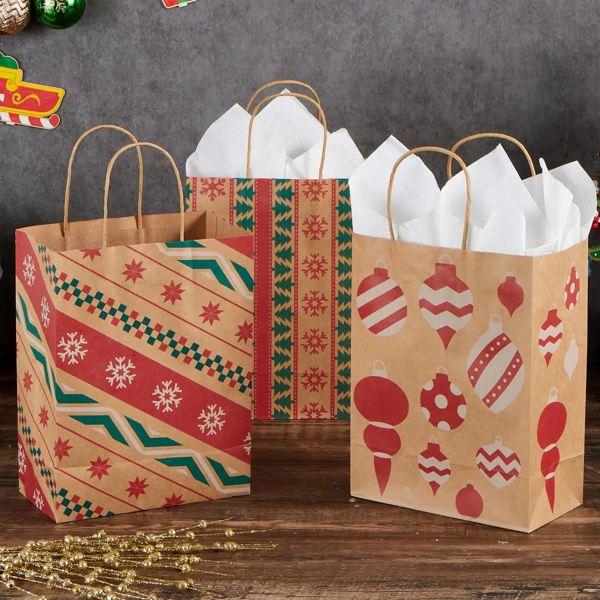 24-Pack Christmas Kraft Gift Bags with Assorted Holiday Prints