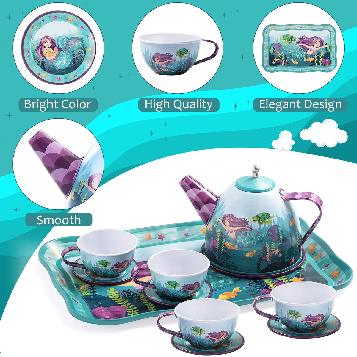 Mermaid Pretend Play Tin Teapot Set