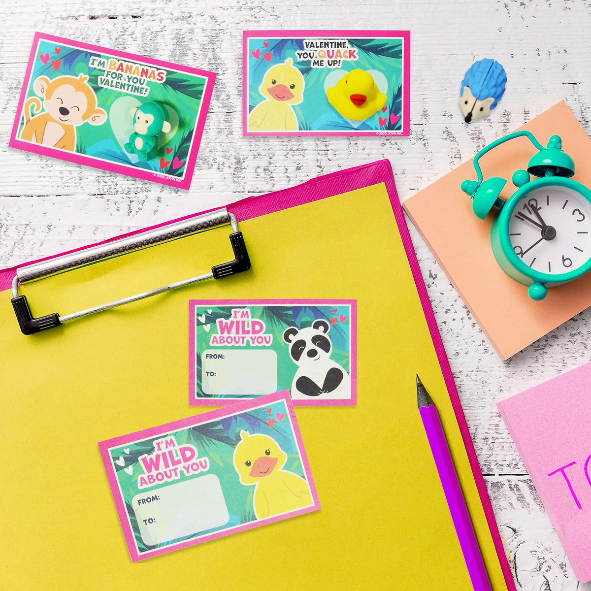 28Pcs Kids Valentine's Cards with Animal Erasers - Classroom Exchange Gifts