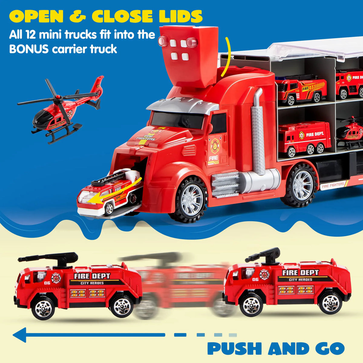 25-in-1 Fire Rescue Carrier Truck Toy Set with 12 Diecast Vehicles & 12 Figures