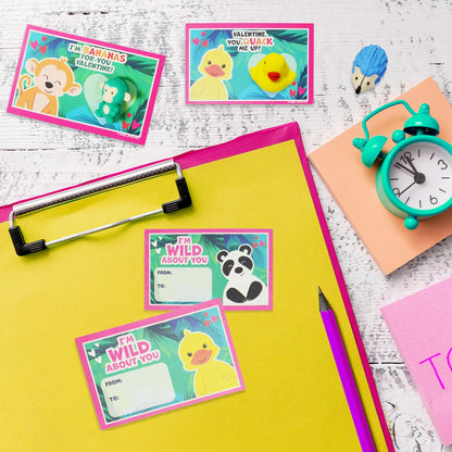 28Pcs Kids Valentine's Cards with Animal Erasers - Classroom Exchange Gifts