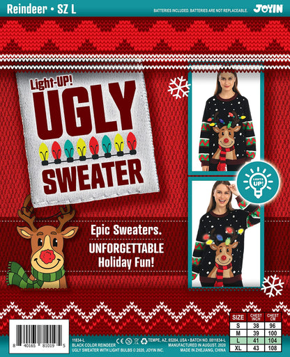 Black Reindeer Ugly Christmas Sweater with Lights