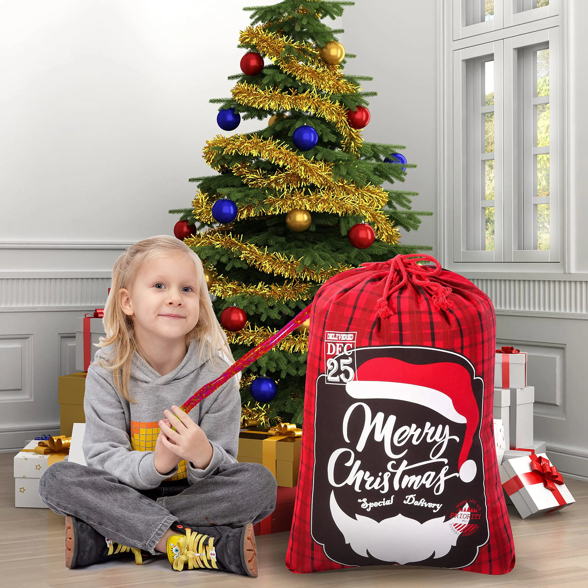 Christmas Canvas Burlap Gift Bags (3-Pack)