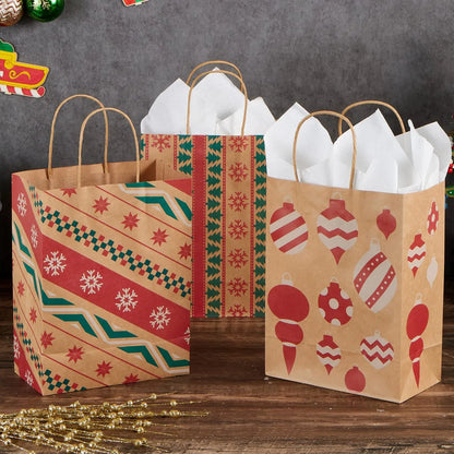 24-Pack Christmas Kraft Gift Bags with Assorted Holiday Prints