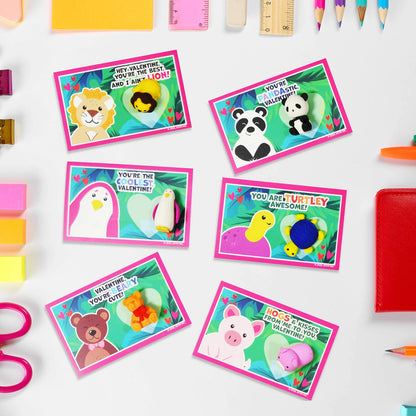 28Pcs Kids Valentine's Cards with Animal Erasers - Classroom Exchange Gifts