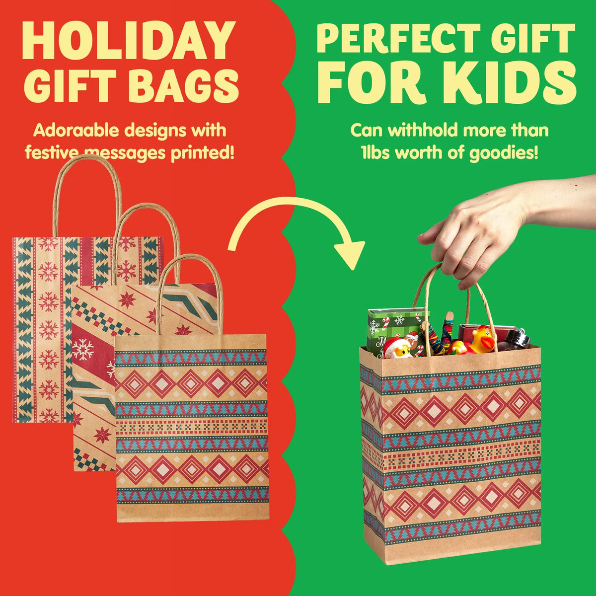 Kraft Holiday Gift Bags, 7.25 Inches, 24 Pack