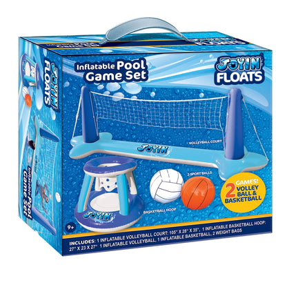 SLOOSH Inflatable Pool Float Set with Volleyball Net and Basketball Hoops, Blue