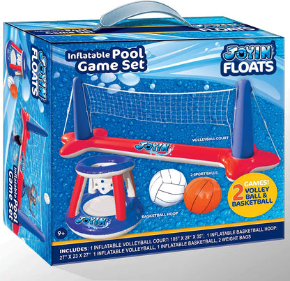 SLOOSH Inflatable Pool Float Set with Volleyball Net and Basketball Hoops - Red & Blue