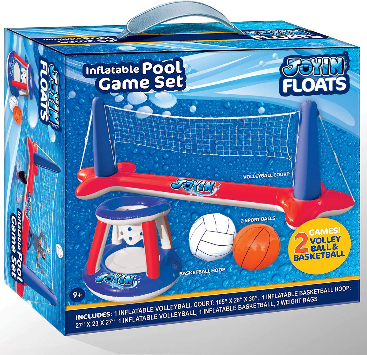 SLOOSH Inflatable Pool Float Set with Volleyball Net and Basketball Hoops - Red & Blue