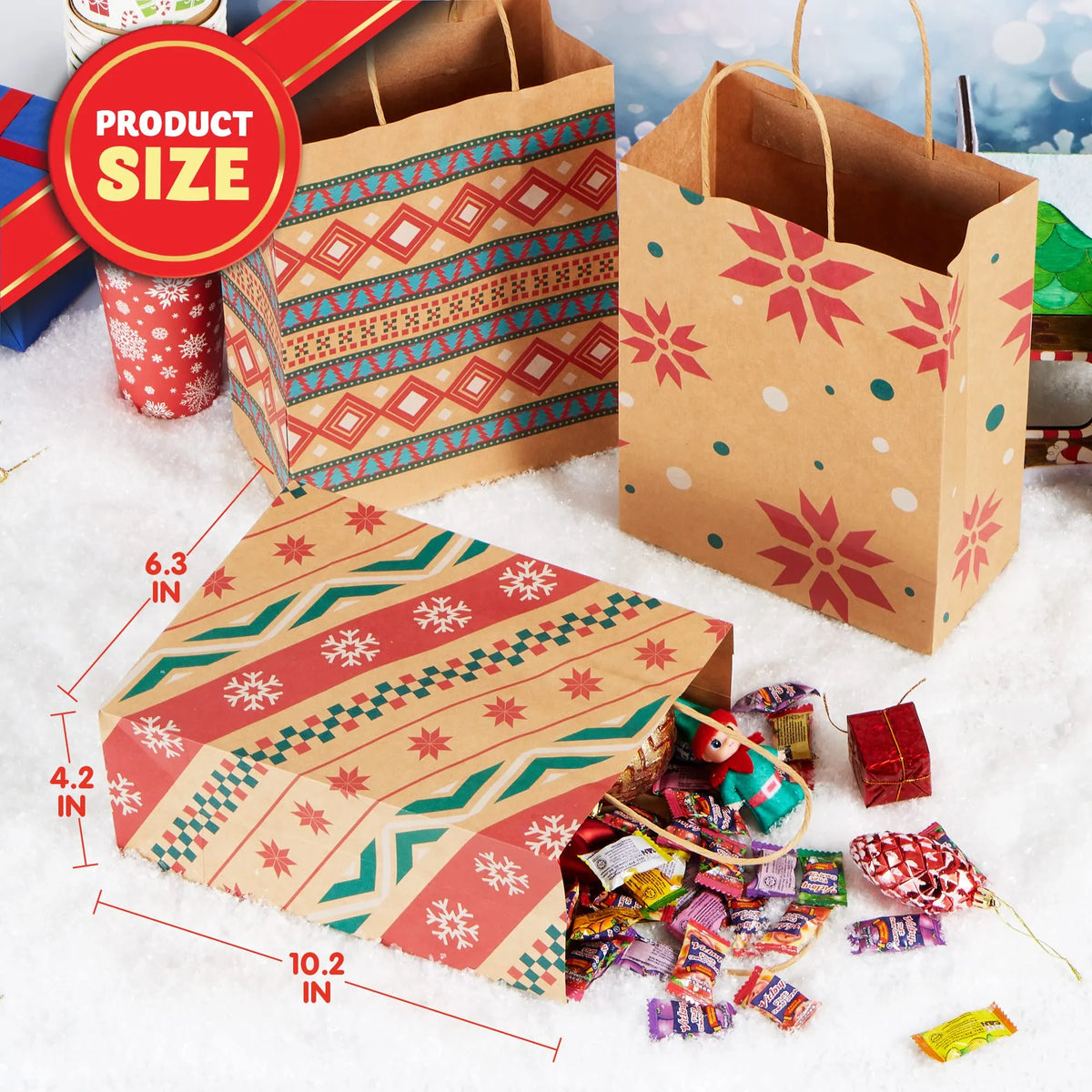 24-Pack Christmas Kraft Gift Bags with Assorted Holiday Prints